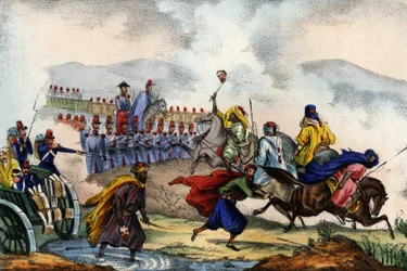 Odchod Arabů do důchodu před náměstím, které vytvořila francouzská armáda Afriky v Konstantinovi v roce 1837. 2
