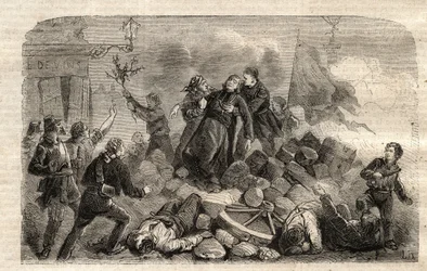 Revoluce 1848: „“ Archeveque Monsignor Denis Affre (1793-1848) na barikádě Faubourg Saint Antoine v Paříži 26. června 1848 (Do o mon dieu que mon sang be le dernier verse) (Smrt Denis Affre, arcibiskup Paříže barikáda u vjezdu do t