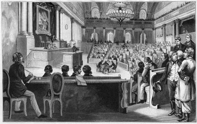 Revoluce ve Vídni 1848 – Zasedání prvního rakouského ústavodárného shromáždění (Reichs Versammlung), červenec 1848, ve Španělské jezdecké škole ve Vídni v Rakousku.