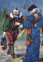 Riquet se znovu představuje princezně. Ilustrace pro „Riquet a la houppe““, příběh Charlese Perraulta (1628-1703), francouzského spisovatele. Anonymní ilustrace. Snímky Marcel Vagne, Jarville Nancy, nedatováno (konec 19. století).