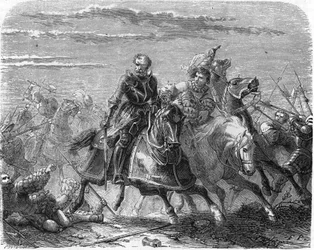 Robert z Marka Landsknechtů, odnáší tělo svého syna Švýcarům. Rytina 19. století.