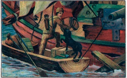 Robinson navštíví trosky. Ilustrace ke knize Daniela Defoe (De foe) “” Robinson Crusoe””. Chromolitografie konce 19. století.