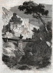 Rodomont poražen Bradamantem - rytina z roku 1851 z „“Zuřivého Rolanda““ (Orlando furioso) (16. století) od Ludovica Ariosta, známého jako Ariosto – vydání přeložené z italštiny hrabětem z Tressanu a vydané Gustavem Harvardem 1851