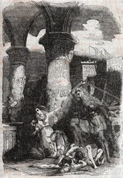 Rodomontský masakr les habitatnts de Paris – rytina z roku 1851 z „“Roland furieux““ (Orlando furioso) (16. století) od Ludovica Ariosta, známého jako Ariosto – vydání přeložené z italštiny hrabětem z Tressanu a vydané Gustavem Harvardem 185