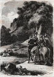 Roger (Ruggero, Ruggiero), Marphise (Marfisa) a tři ženy - rytina z roku 1851 z „“Roland furieux““ (Orlando furioso) (16. století) od Ludovica Ariosta, zvaná Ariosto – vydání přeložené z italštiny hrabětem z Tressanu a publikoval