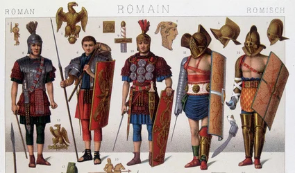 Kostýmy římských gladiátorů a válečníků. Chromolitografie 19. století.