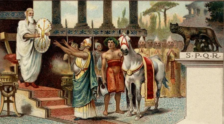Římský politický systém. Král: Numa Pompilius, legendární král Říma (-715, -672), svěřující posvátný štít salianským kněžím. Chromolitografie konce 19. století.