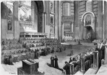 Řím 1869, první zasedání ekumenického koncilu z roku 1869 konané 9. prosince v pravé části transeptu kostela sv. Petra.