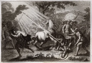 Royaumontská Bible, Nový zákon: Obrácení svatého Pavla na cestě do Damašku. Slyší hlas Ježíše Krista, který mu říká: „Vrbo, vrbo, kdo mě pronásleduješ“ (Saule, Saule, proč mě pronásleduješ?) a padá kůň. Ilustrace z roku 1811.