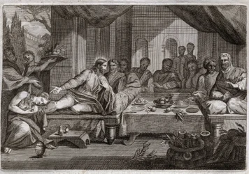 Royaumontská Bible, Nový zákon: Večeře u Šimona Farizea. Marie Magdalena šla plakat u nohou Ježíše Krista k farizeovi Šimonovi a dosáhla odpuštění svých hříchů. Pomaže Kristovy nohy mastí a otírá je svými vlasy. Il