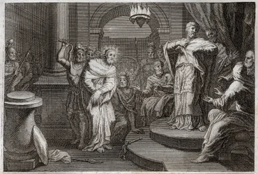 Royaumontská Bible, Nový zákon: Ježíš Kristus před Kaifem a Ananem (Hanan nebo Anna nebo Hanne). Ilustrace z roku 1811.