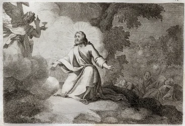 Royaumontská Bible, Nový zákon: Ježíš Kristus v zahradě (modlitba na Olivové hoře). Ježíšovi se zjevuje anděl držící kalich. Apoteři svatého Petra, svatého Jana a svatého Jakuba spí. Ilustrace z roku 1811.