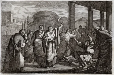 Royaumontská Bible, Nový zákon: Kulhaví gueri. Svatý Pavel bojuje s chromým a zatýká lidi, kteří se mu chtěli obětovat jako Bohu. Ilustrace z roku 1811.