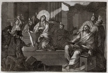 Royaumontská Bible, Nový zákon: Pentecoot. Duch svatý sestupuje na Pannu Marii a Apotery. Ilustrace z roku 1811.