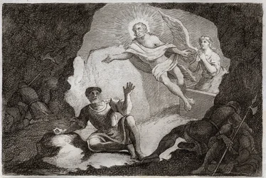 Royaumontská Bible, Nový zákon: Vzkříšení. Ježíš Kristus vstává ze svého hrobu pod úžasem římských vojáků, kteří usnuli. Ilustrace z roku 1811 (rytina)
