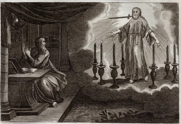 Royaumontská Bible, Nový zákon: Zjevení svatého Jana ve Zjevení. Ježíš Kristus se objevuje ve svatém Janovi mezi sedmi zlatými svícny se sedmi hvězdami v pravé ruce a mečem vycházejícím z jeho úst. Ilustrace z roku 1811.
