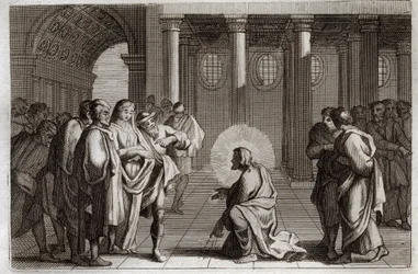 Royaumontská Bible, Nový zákon: Cizoložná žena. Ježíš Kristus se božsky klame z pastí, které na něj Židé položili, a ptá se ho, co by se mělo udělat se ženou přistiženou při cizoložství, a říká: „Kdo z vás je bez hříchu, ať hodí.