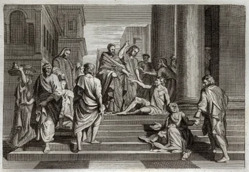 Royaumontská Bible, Nový zákon: Válka chromých. Svatý Petr v doprovodu svatého Jana zázračně bojoval s chromým mužem v Jeruzalémě. Ilustrace z roku 1811.