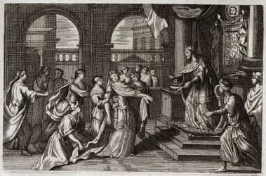 Royaumontská Bible, Starý zákon: Ester se představí před králem Xerxem I. (Assuerus I.) s úmyslem zachránit svůj lid před smrtí, která mu hrozila. Ilustrace z roku 1811.