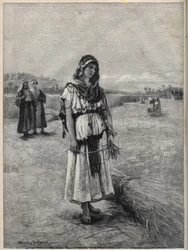 Ruth pracující na poli Boaz (Booz) (Ruth a Boaz) - rytina z obrazu Druch-hajos