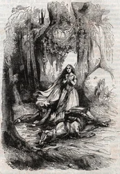 Sacripant (Sacripante) desarconne v přítomnosti Angeliky (Angelica) - rytina z roku 1851 z „“Roland furieux““ (Orlando furioso) (16. století) od Ludovica Ariosta, známého jako Ariosta – vydání přeložené z italštiny hrabětem z Tressanu a p