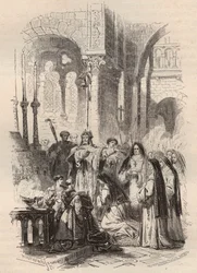 Plavba Saint Cunegonde z Lucemburska (asi 975-1033/1039) v roce 1024, předaná evekou Paderborn Meinwerk (asi 975-1036) v benediktinském opatství Kaufungen v Německu. Rytina z roku 1868 v „Histoire de Belgique od primitivních dob po