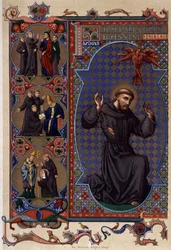Svatý František z Assisi a výskyt stigmat (1224), chromolitografie 19. stol.