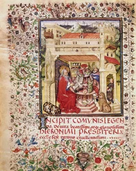 Svatý Jeroným ve své studijní stránce převzaté z rukopisu „Opuscola spirituala et moralia“ z Říma 15. století, Biblioteca Vallicelliana