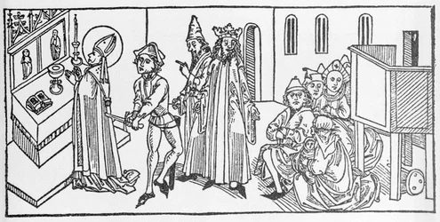 Svatý Matěj. Rytina z „Životů svatých – letní část“ (Kniha světce) od Jacoba (Jakuba) z Voragine (1228-1298). Lubeck 1488.