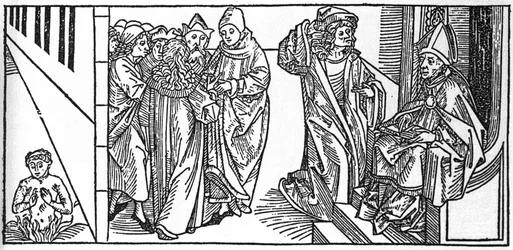 Svatý Severine. Rytina z „Životů svatých – letní část“ (Kniha světce) od Jacoba (Jakuba) z Voragine (1228-1298). Lubeck 1488.
