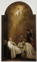 Svatý Vincent de Paul v extázi s anděly – z obrazu z 19. století.