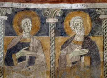 Svatí Jan Evangelista a Simeon, detail fresky z 12. století v bazilice svatých Sisinio, Martirio a Alessandro, San Zeno di Trento, Trentino-Alto Adige, Itálie.