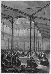 Prodej ryb na aukci v Halles de Paris v roce 1866 (Pavillon Baltard).