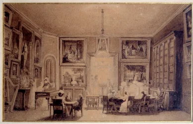Salon holandské královny Hortense de Beauharnais (1783-1837) v Augsburgu. Rytina Paříže 19. století. Thiersova knihovna
