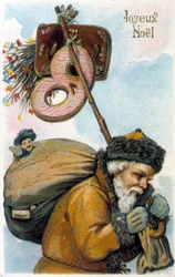 Santa Claus nosí dárky na zádech.