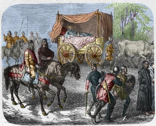 Scéna znázorňující líné krále: Francouzský král Thierry III. (673-691) nese v nádrži s postelí taženou voly.