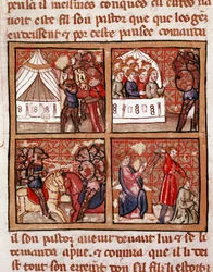 Scéna konfrontace mezi dvěma nepřátelskými tábory, poprava vpravo dole. Strana rukopisu ze 14. století Biblioteca Marciana Venice