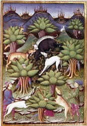 Scéna lovu divokých prasat Miniatura z „“ Ošetřete sokolnictví a venery mottem a emblémem vévody ze Sforzy“ 1459 (ms. 1375) Chantilly, Musee Conde