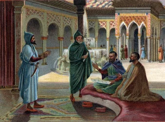 Scény ze zaniklých království: Maurská rada (maurský, označení Arabů, kteří obsadili část Španělska) v paláci Alhambra v Granadě. Granada je poslední maurský stát, který zanikl roku 1482. Chromolitografie z 19. století.