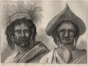 Druhá plavba (1772-1775) kapitána Jamese Cooka (1728-1779): muž a žena z Velikonočního ostrova - ilustrace z „The Great Mariners of the 18th century““