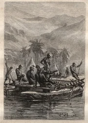 Druhá plavba (1772-1775) kapitána Jamese Cooka (1728-1779): Domorodci měli dostatek sebedůvěry, aby se přiblížili a vyměnili si (Nová Kaledonie) - ilustrace převzata z „Velkých námořníků 18. století“