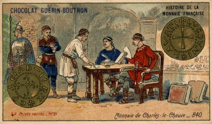 Série Historie francouzské měny nakladatelství Chocolat Guérin Boutron. Chromolitografie 19. století. Mince Karla Plešatého v roce 840