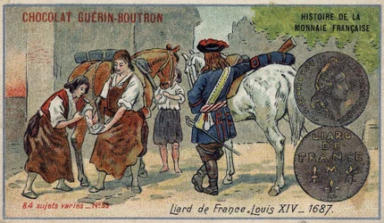 Série Historie francouzské měny nakladatelství Chocolat Guérin Boutron. Chromolitografie 19. století. Liard z Francie. Ludvík XIV v roce 1687