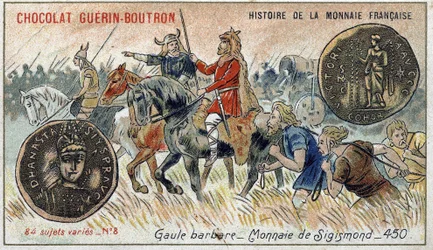 Série Historie francouzské měny nakladatelství Chocolat Guérin Boutron. Chromolitografie 19. století. Barbarská Galie. Měna Sigismond.