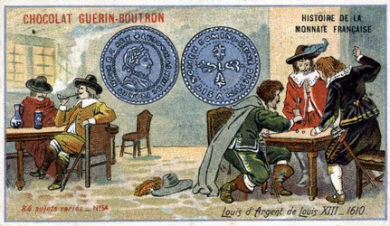 Série Historie francouzské měny nakladatelství Chocolat Guérin Boutron. Chromolitografie 19. století. Louis XIII Silver Louis v roce 1610