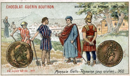 Série Historie francouzské měny nakladatelství Chocolat Guérin Boutron. Chromolitografie 19. století. Gallo římské mince za Juliena