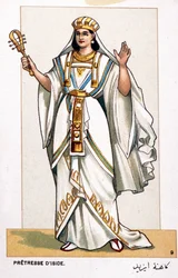 Série chromolitografií operních kostýmů u příležitosti prvního ztvárnění Aidy od Giuseppe Verdiho: pretress of Iside. 1872
