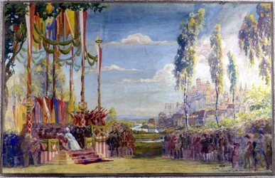 Scéna pro „Die Meistersinger““ nebo „Mistři pěvci z Norimberku“, opera Richarda Wagnera. Zákon II.