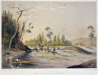 Osadníci lovící v peřejích – v „“Sketches on the nipisaguit a river of New Brunswick in America”“ od Williama Hickmana, ed. Halifax