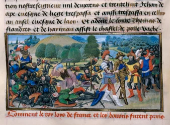 Sedmá křížová výprava: Král Ludvík IX. (Saint Louis) (1214-70) byl zajat během bitvy u Mansourah v roce 1250 v Egyptě, „Chronique abregee“ od Davida Auberta 1250 Paříž